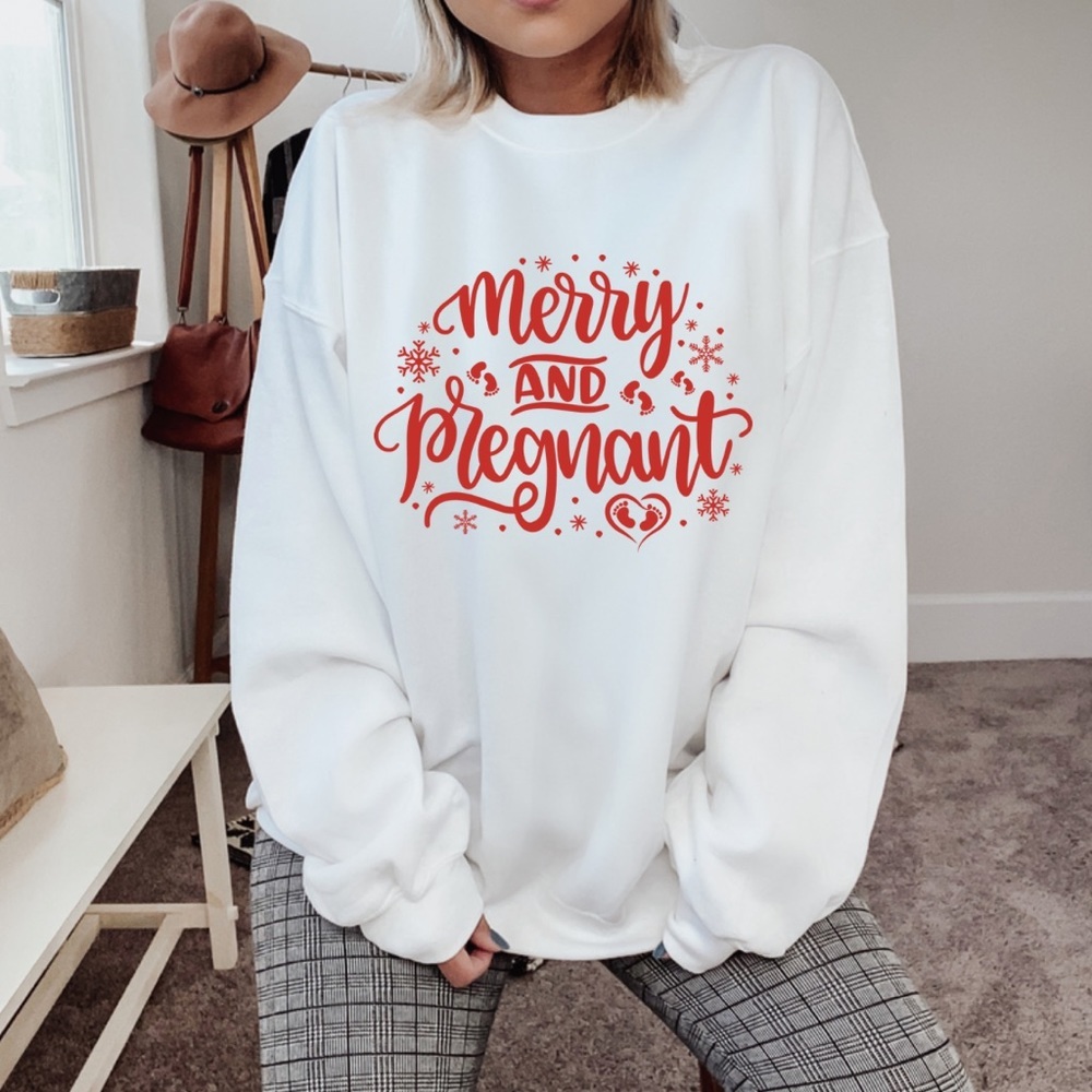 NEW Merry and Pregnant Pregnancy Shirt Graphic Sweatshirt S-5X